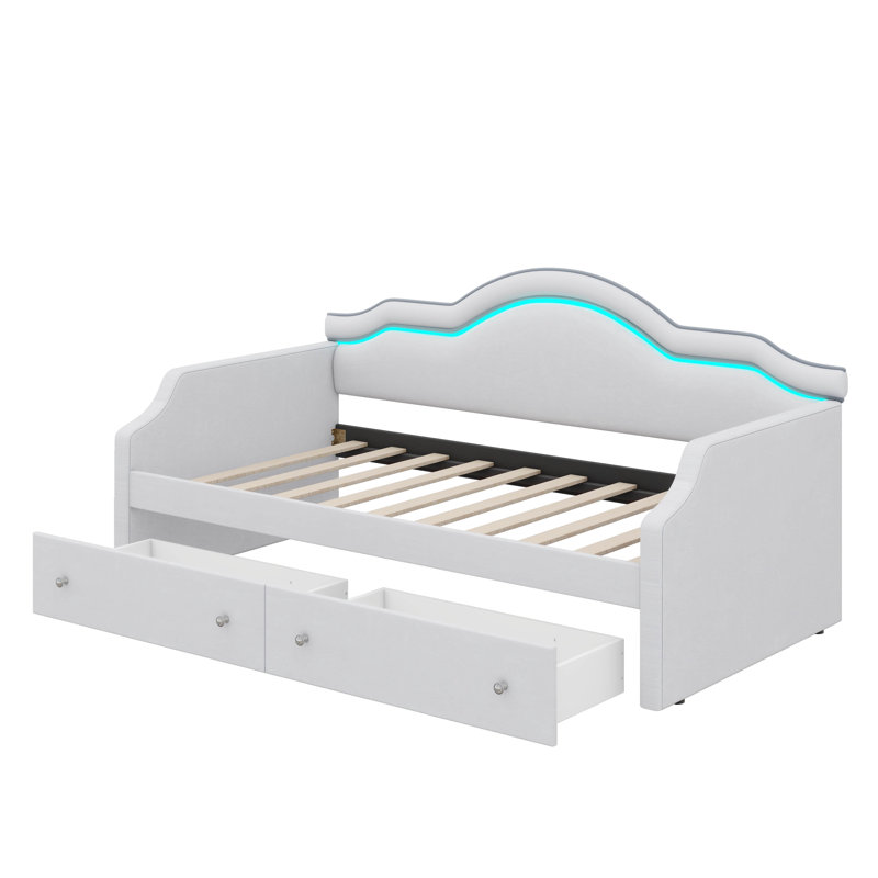 Twin Size Fabric-Upholstered Daybed Complete With LED Illumination And Two Drawers, Beige, Twin