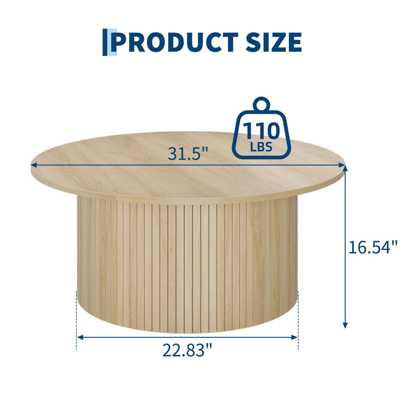 31.5" Fluted Round Coffee Table for Living Room, Small Circle Accent Center Table with Metal Frame, Floor Table for Sitting on the Floor, Home, Office, Oak