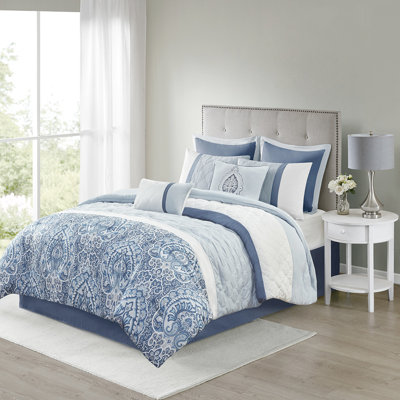 Queen 8 Bedding Ensemble - And Printed In Blue White Comforter 8 Pieces With Euro Shams