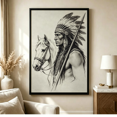 Black Framed Canvas Wall Art Native American warrior with feathered headdress and spear, standing beside a horse, Detailed pencil sketch. Print on Canvas for Living Room Bedroom