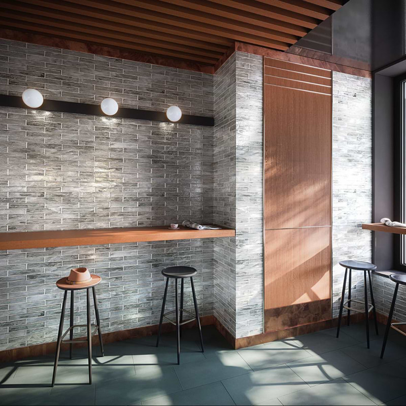 Komorebi Brick Metallic 2X12 Subway Look Polished Glass Tile, Mineral Ice Gray