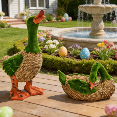 Ensemble de 2 cannes de mousse et de rotin de Pâques - Figurine de canard printanier fantaisiste pour la maison, la table ou le jardin - Mignonnes décorations des Fêtes de Pâques