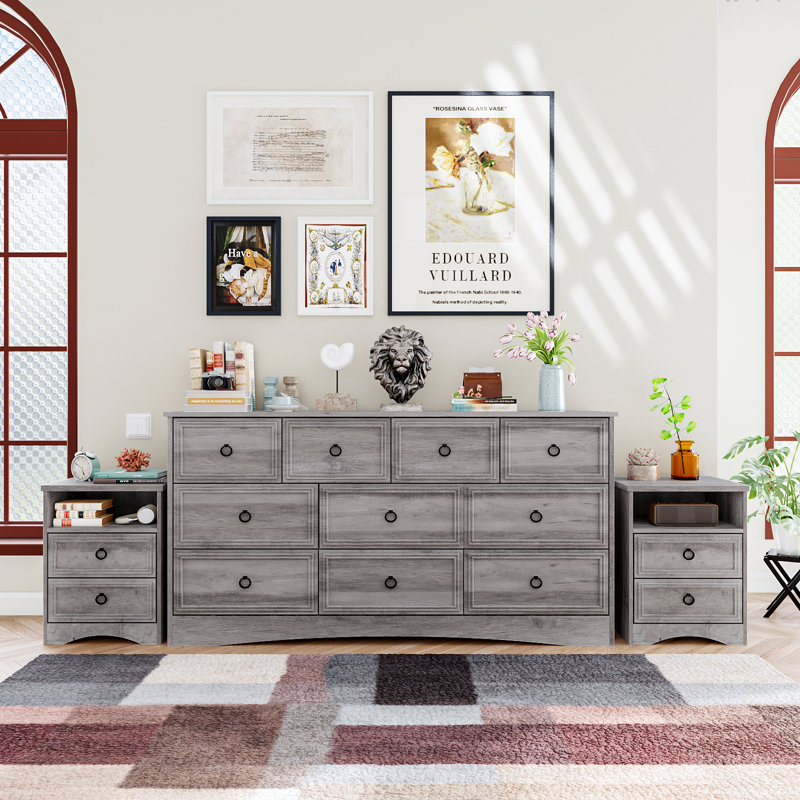 3 Piece Bedroom Set - 10 Drawer Dresser And Two 2 Drawer Nightstands,gray Wash