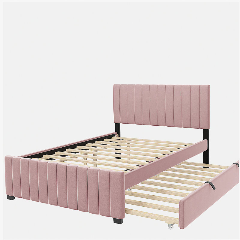Lit plateforme double en velours avec plateau de rangement simple, Rose