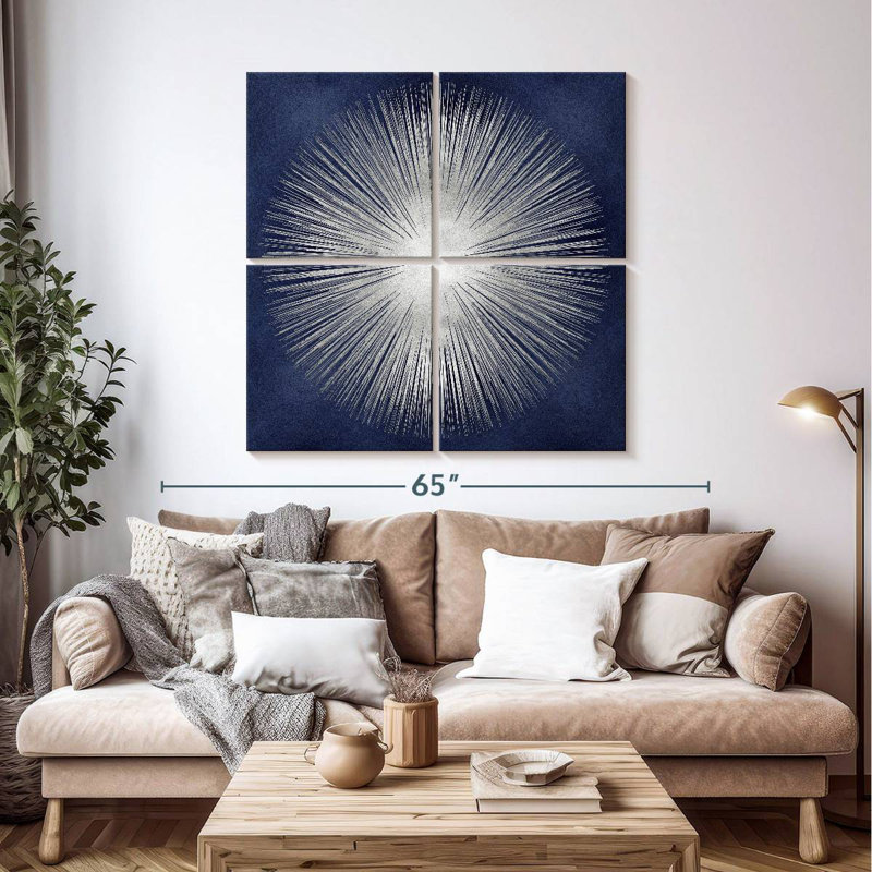 Sunburst argenté sur bleu I, H 45 po x l 45 po