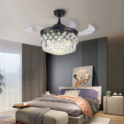 42'' Black Crystal Ceiling Fan with LED Lights For Living Romm & Dining Room