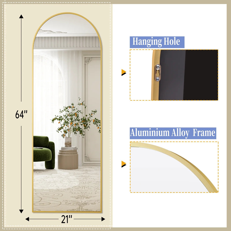 Flat Aluminum Alloy Framed Freestanding Full Length Mirror Wall Mirror, Gold, 149.9cm H x 40.6cm W