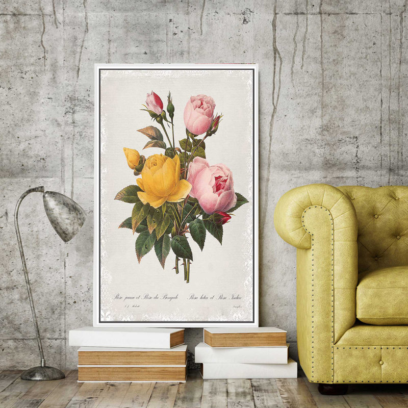 «Botanical Bouquet Roses» par Carol Robinson - Peinture, Cadre flottant blanc, H 43,5 po x l 27,5 po x P 2 po