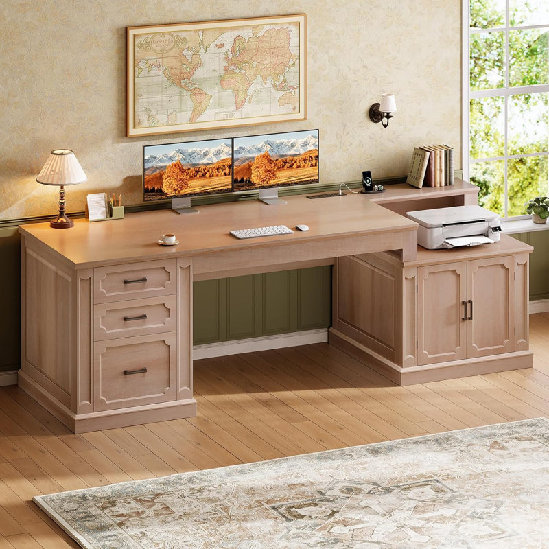 Elja Farmhouse 70.9" Executive Desk, Home Office Desk with File Drawers, Natural Oak