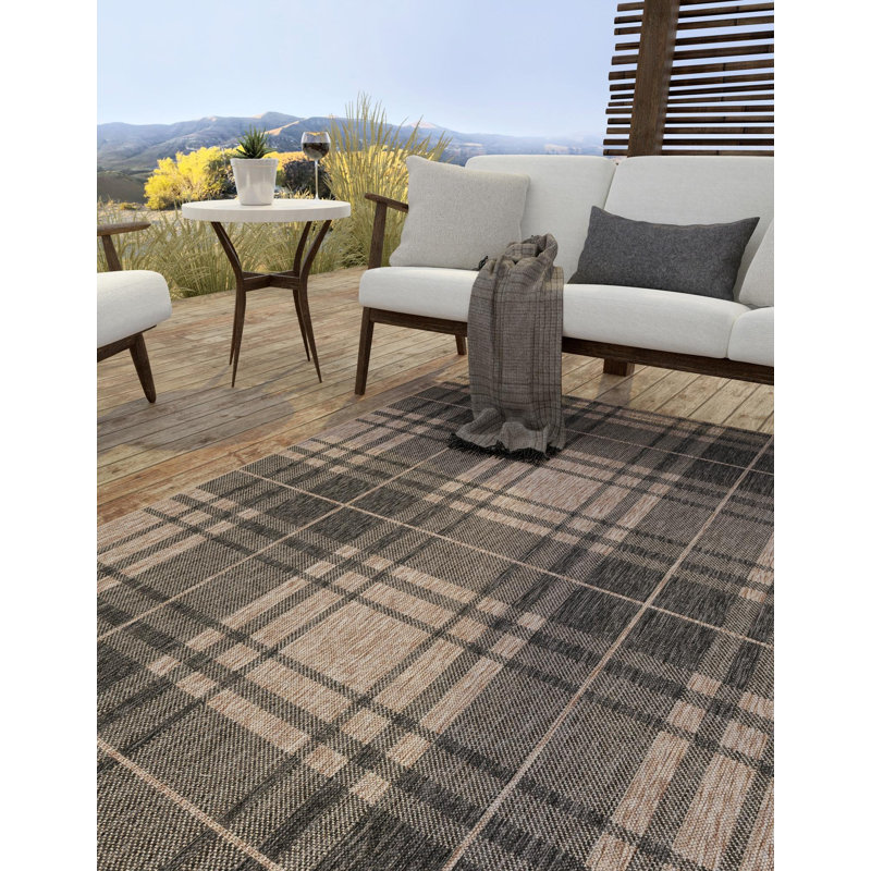 Tatasha Plaid Power Loom Polypropylene Plastic Indoor/Outdoor Area Rug in Black/Brown, Rectangle 7'10" x 10'