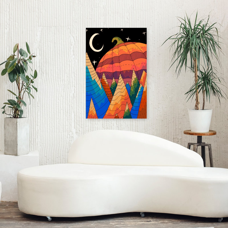 Impression d'art mural représentant un paysage d'automne coloré, onirique et vibrant avec une citrouille nocturne d'automne