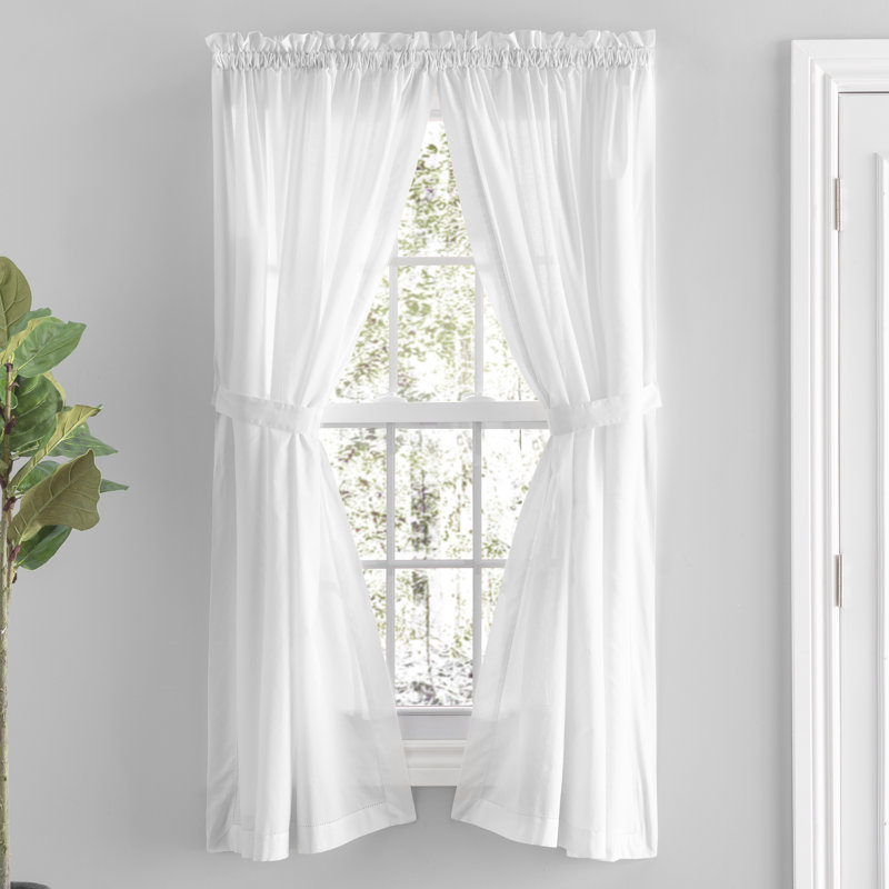 Blandford Premium 100% Cotton Solid Hemstitch Semi-Sheer Rod Pocket Curtain Panels with Tie-Backs, White, 40" x 72"