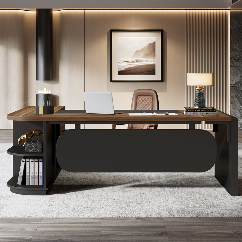 80.71-Inch L-Shaped Executive Desk, Large Office Table with File Cabinet, Brown