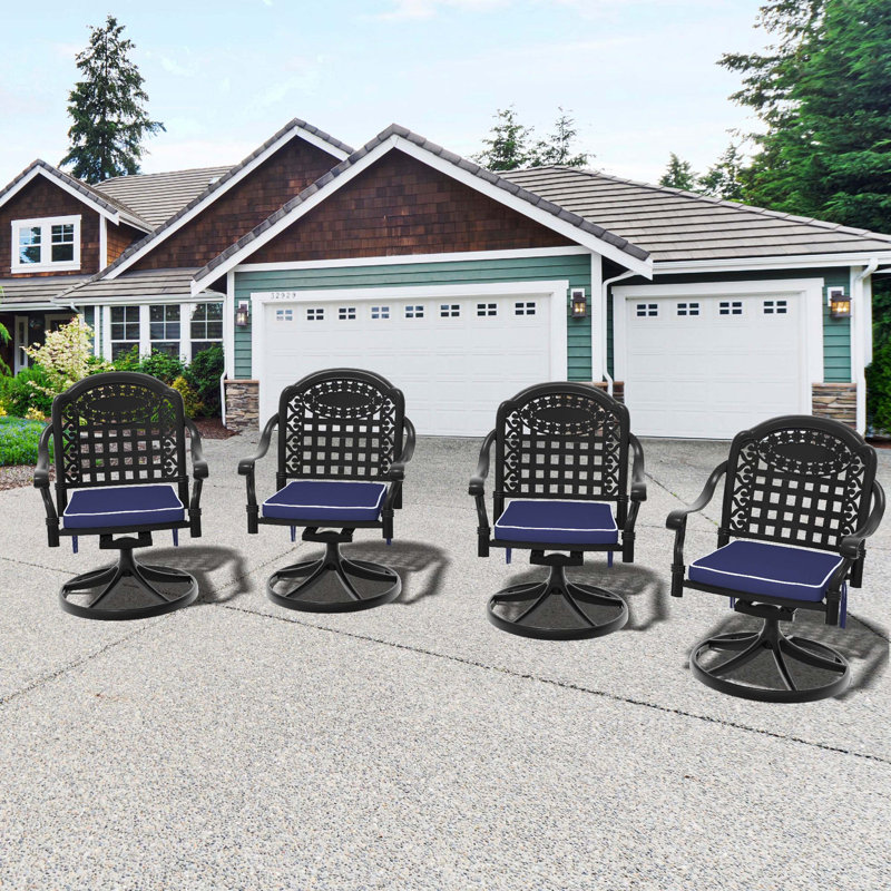 Chaises pivotantes d'extérieur en aluminium coulé 4 pièces, support en métal noir avec coussin bleu, sièges de patio toutes saisons