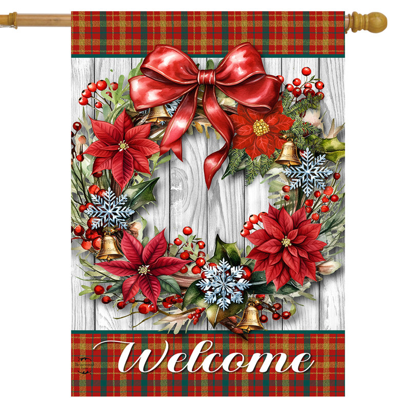 Drapeau des fêtes maison poinsettias, Rouge / Vert / Gris