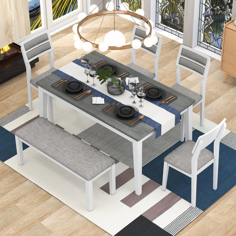 Ensemble de salle à manger 6 pièces de style classique et traditionnel Trexm, comprenant une table de salle à manger, 4 chaises rembourrées et un banc (blanc et gris)