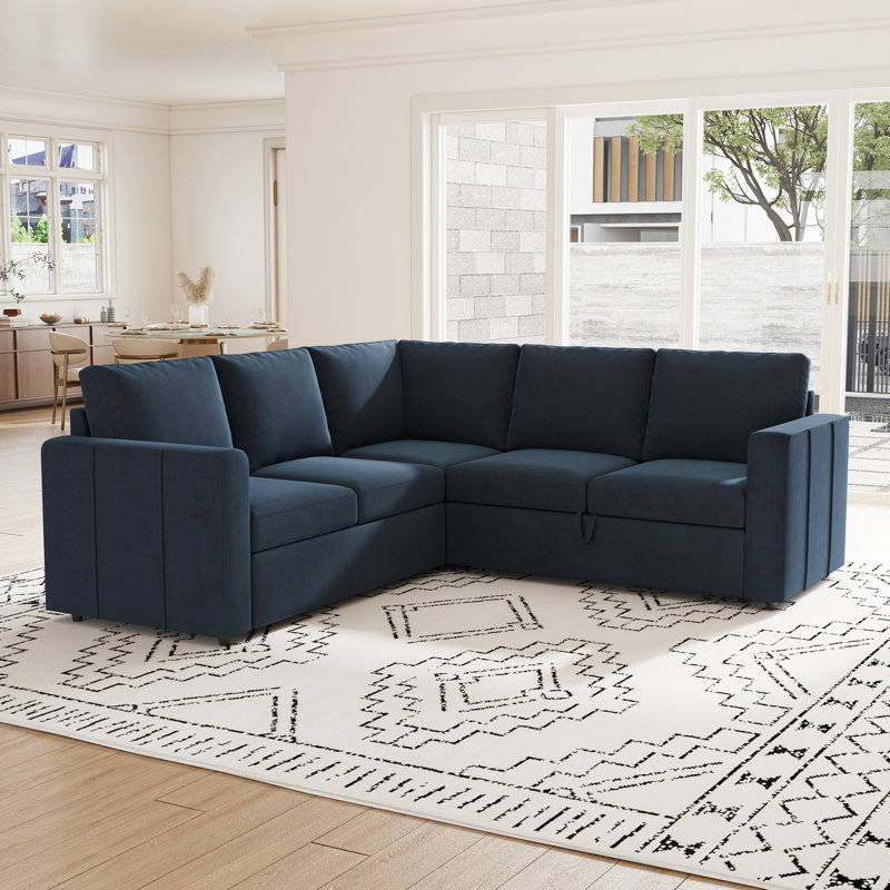 Aubade Storage L-Shaped Modular Sofa Set With Pull-Out Sofa Bed, Blue Velvet