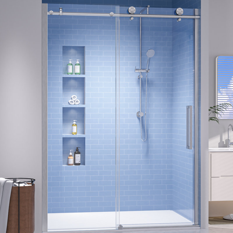 56"-60" W x 76" H Single Sliding Frameless Shower Door with 3/8" (10mm) Crystal Clear Tempered Glass, Brushed Nickel