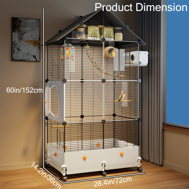 Cage à vol d'oiseau de 60 po de large, équipée d'un nid d'oiseau, d'une échelle, d'une balançoire, d'une mangeoire, etc. avec des roulettes pour faciliter le déplacement à l'extérieur