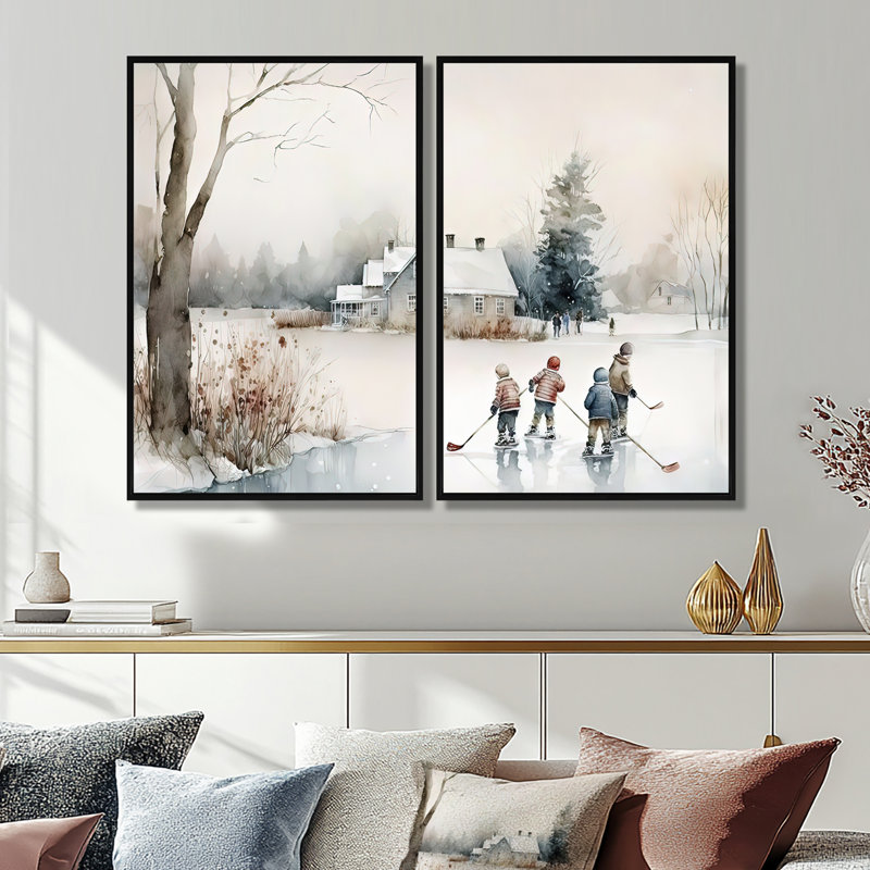 Enfants jouant au hockey en hiver II - 2 reproductions d'art moderne sur toile, Black, 36" H x 48" W