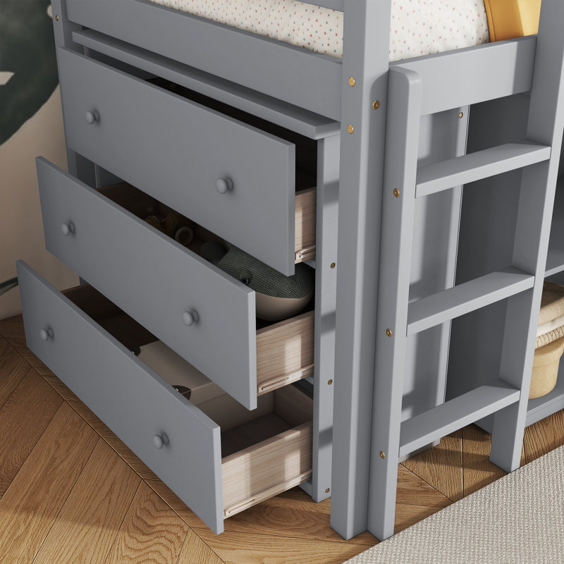 Lit mezzanine simple avec bureau coulissant et armoires de rangement, Gris