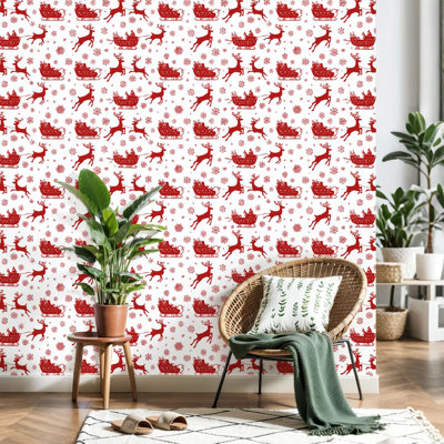 Peler et coller le papier peint adhésif de Noël renne de Noël rouge flocons de neige sans soudure blanc festif hiver
