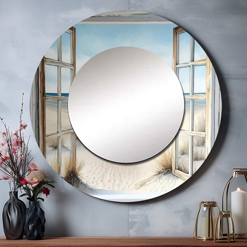 Signy Window To The Beach II - miroir mural décoratif de plage, grand miroir rond gris, impression d'art en métal