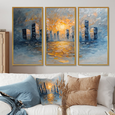 «Urban Sunrise On Cubic Chicago II», art mural sur toile minimalisme - 3 panneaux