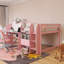 Lit superposé double à structure en bois avec bureau intégré, armoires de rangement et bibliothèque ouverte-954435439