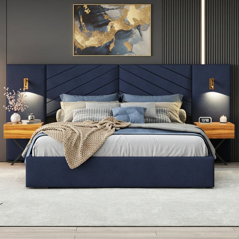 King Size Velvet Platform Bed with Wingback Headboard - Modern Royal Blue Upholstered Frame (No Box Spring Needed), King