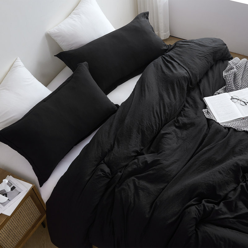 Natural Loft Prewashed Microfiber Duvet Cover Set, King Duver Cover + 2 King Shams, Black