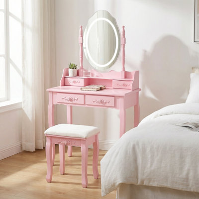 Ensemble de coiffeuse pour filles avec miroir à DEL et tabouret rembourré, table de maquillage moderne avec quatre tiroirs et beaucoup de rangement pour la chambre à coucher ou le vestiaire