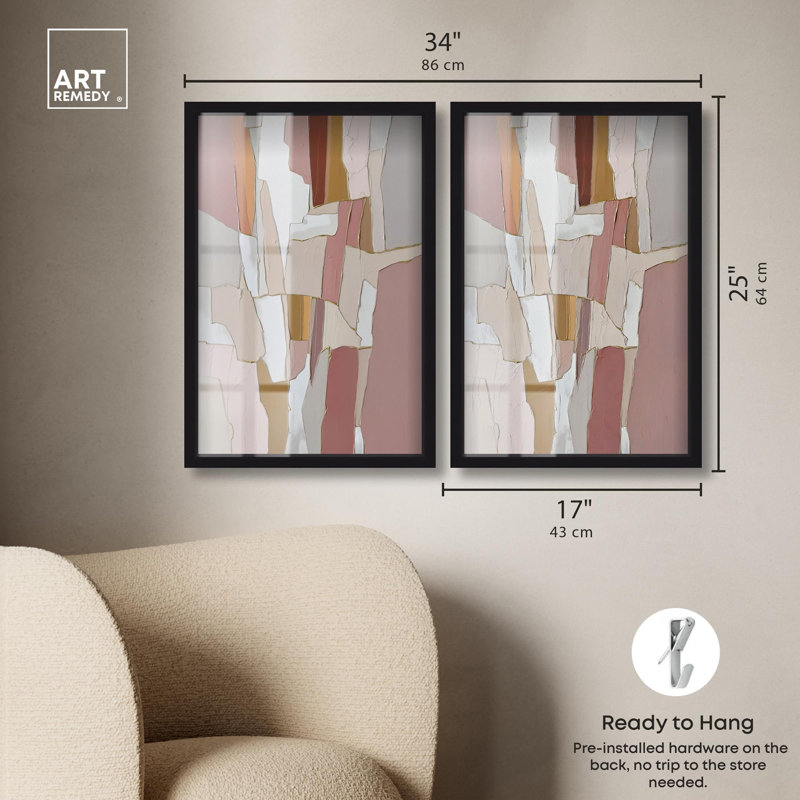 Gilded Stripes Duet Shadowbox Print Boho Beige Wall Art Set by Art Remedy, Black Frame, 10 x 15, Black Frame