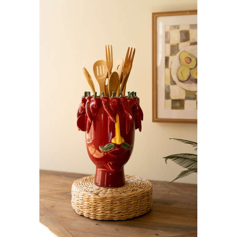  Head Planter Vase 14"H Ceramic, Red Peppers Design Multicolor Glazed Finish