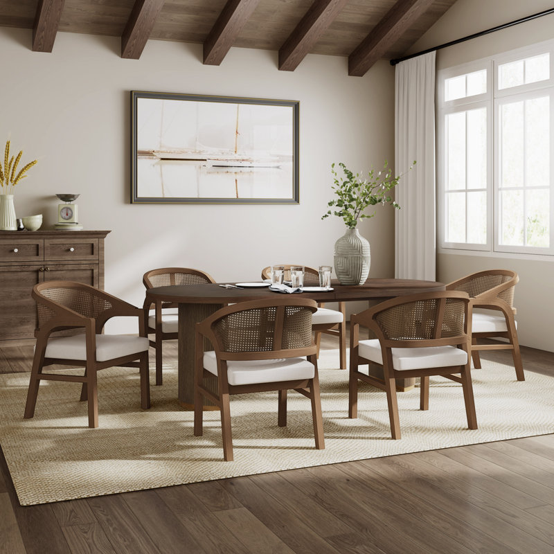 Solenne Mid-Century Modern Dining Set With Cane Back Rubberwood Chairs And Fluted MDF Veneer Pedestal Table, Walnut