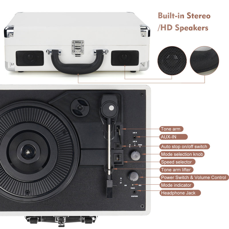 Portable 3 - Speed Turntable Decorative Record Player, White