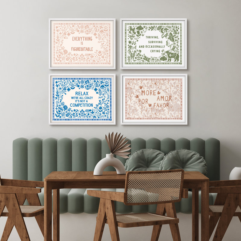 Ensemble de 4 reproductions d'art encadrées avec citation inspirante - typographie de style papercut moderne avec bordures florales fantaisistes aux couleurs vives