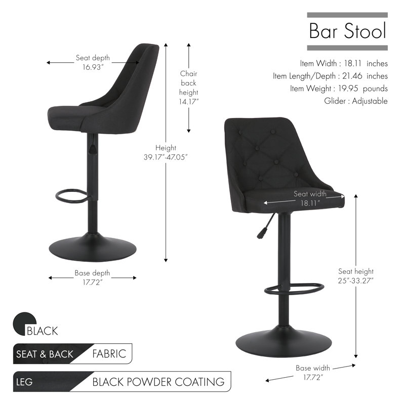 Bowie Swivel Adjustable Height Bar Stool, Black