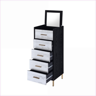 FlowLuxe Onyx and Brushed Silver 4-Drawer Lift-Top Jewelry Armoire, Wood and Metal Jewelry Storage for Bedroom Closet