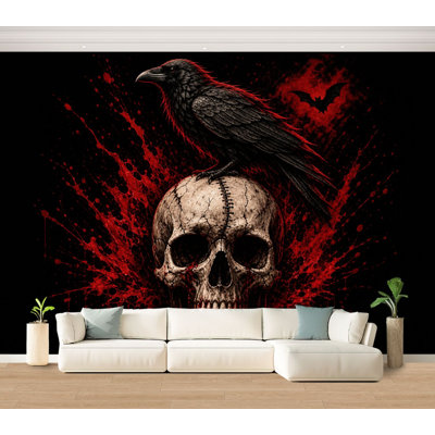 Wall Mural Peel and Stick Wallpaper Halloween Dark Gothic Raven Skull Red Blood Splatter Bat Self-Adhesive Removable Contact Paper Wall Decor for Living Room Bedroom 100"H x 144"W