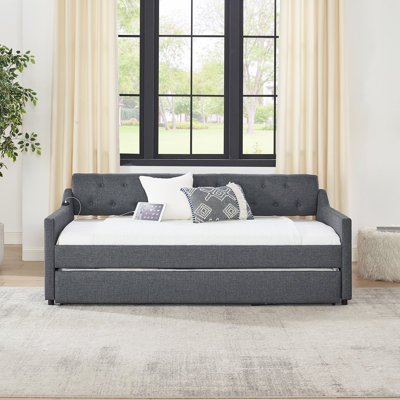 Twin Size Upholstery Daybed With Twin Size Erectable Trundle And USB Charging Design