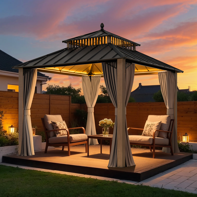 Pavillon de jardin Kingston 10 x 10 avec toit en métal, rideau et filet SUNJoy Kingston - Poteaux en aluminium à grain de bois