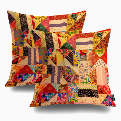 Geometric Patchwork Throw Pillow Set - Retro Decorative Cushion Covers, Square Multi Colored Pattern for Sofa Bedroom Car, Set of 2