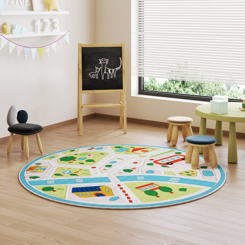 Velvet Multi-Color Area Rug, Kids Play Rug Non-Slip&Soft for Kids Room Playroom, Round 5' 3"