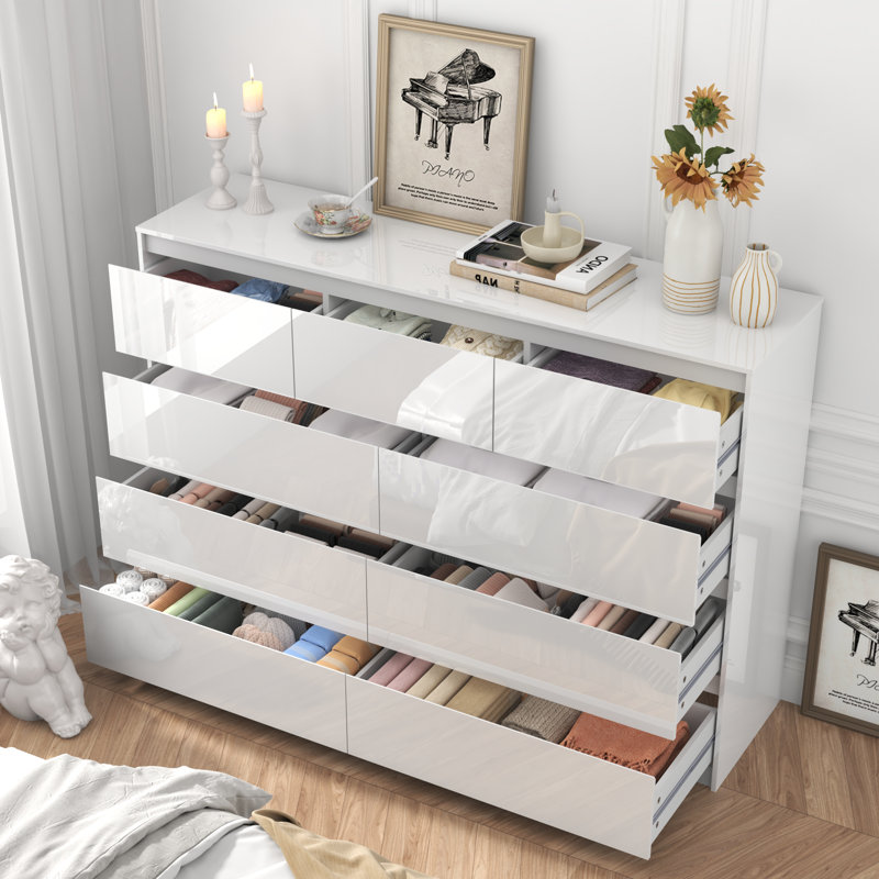 9 Drawer Dresser, High Gloss, White