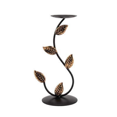Porte-bougie French Country Leaf, support de bougie colonne en métal noir et doré pour manteau de cheminée ou console