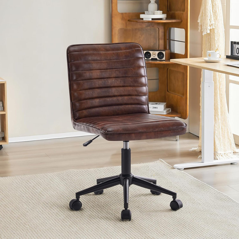 Faux Leather Mid Back Swivel Computer Task Desk Chair, Black, Faux Leather  Dark Brown