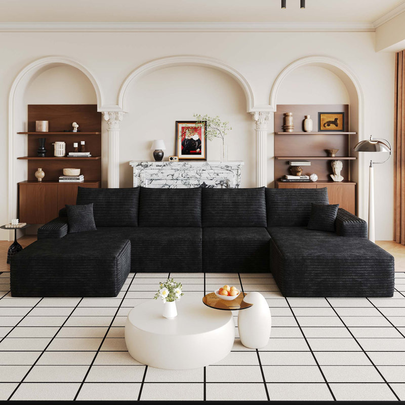 Canapé d'angle infonuagique avec pouf, design minimaliste modulaire, Velours côtelé vert, Orienté vers la gauche