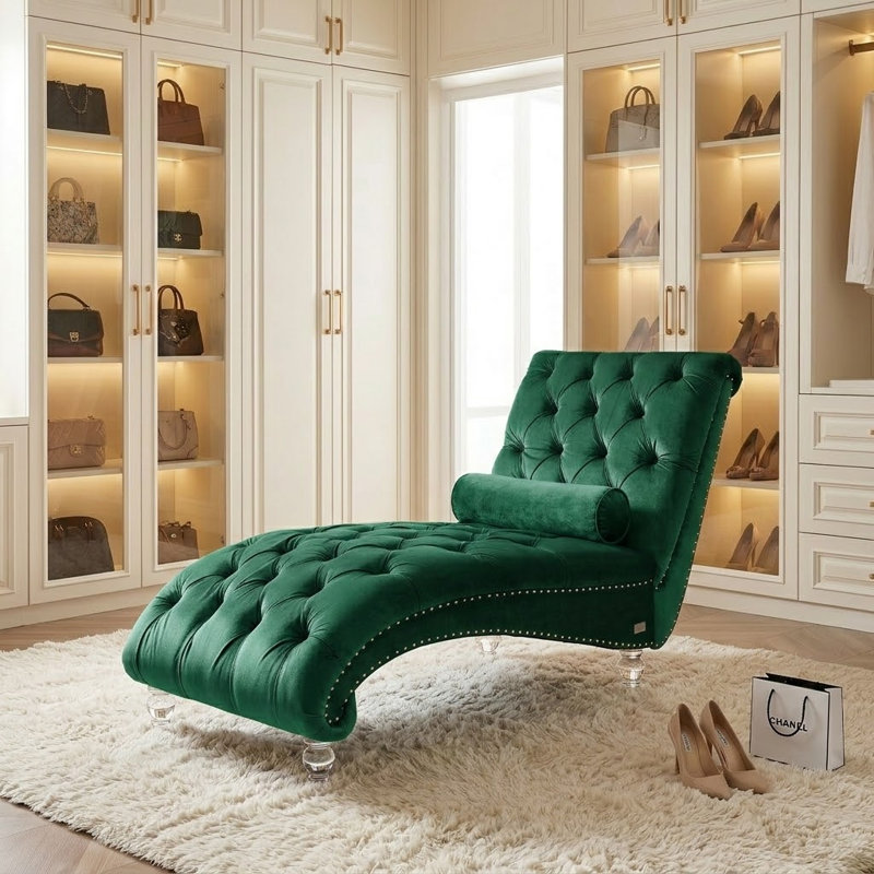 Chaise longue rembourrée en velours Jakolbi Elegant, Velours émeraude