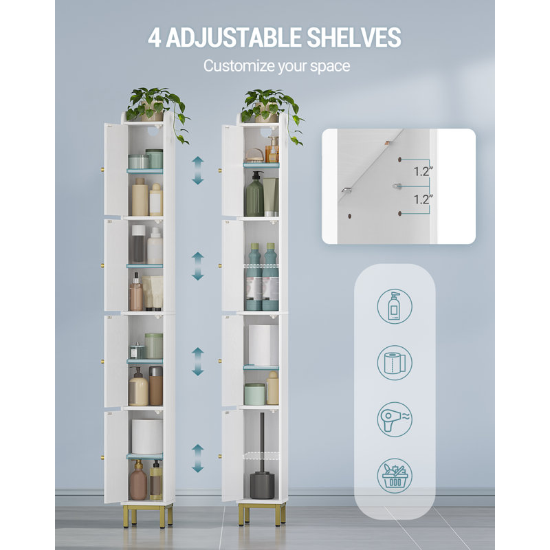 4-Tier Narrow Tall Storage Cabinet, Slim Bathroom Storage Cabinet with 4 Adjustable Feet and Shelves, Bathroom Organization for Small Space, Kitchen, Living Room, Laundry Room